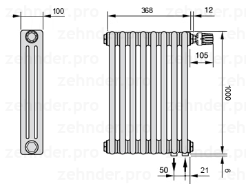Схема (чертеж) Радиатор Zehnder Charleston 3100/8 №V002 Белый глянцевый RAL 9016